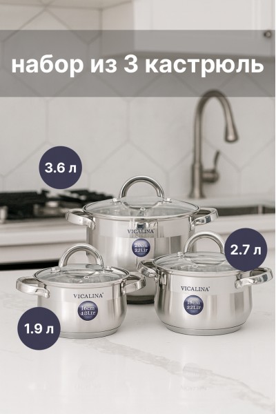 Набор кастрюль VL-285 — набор кухонных кастрюль 1.9 / 2.7 / 3.6 л