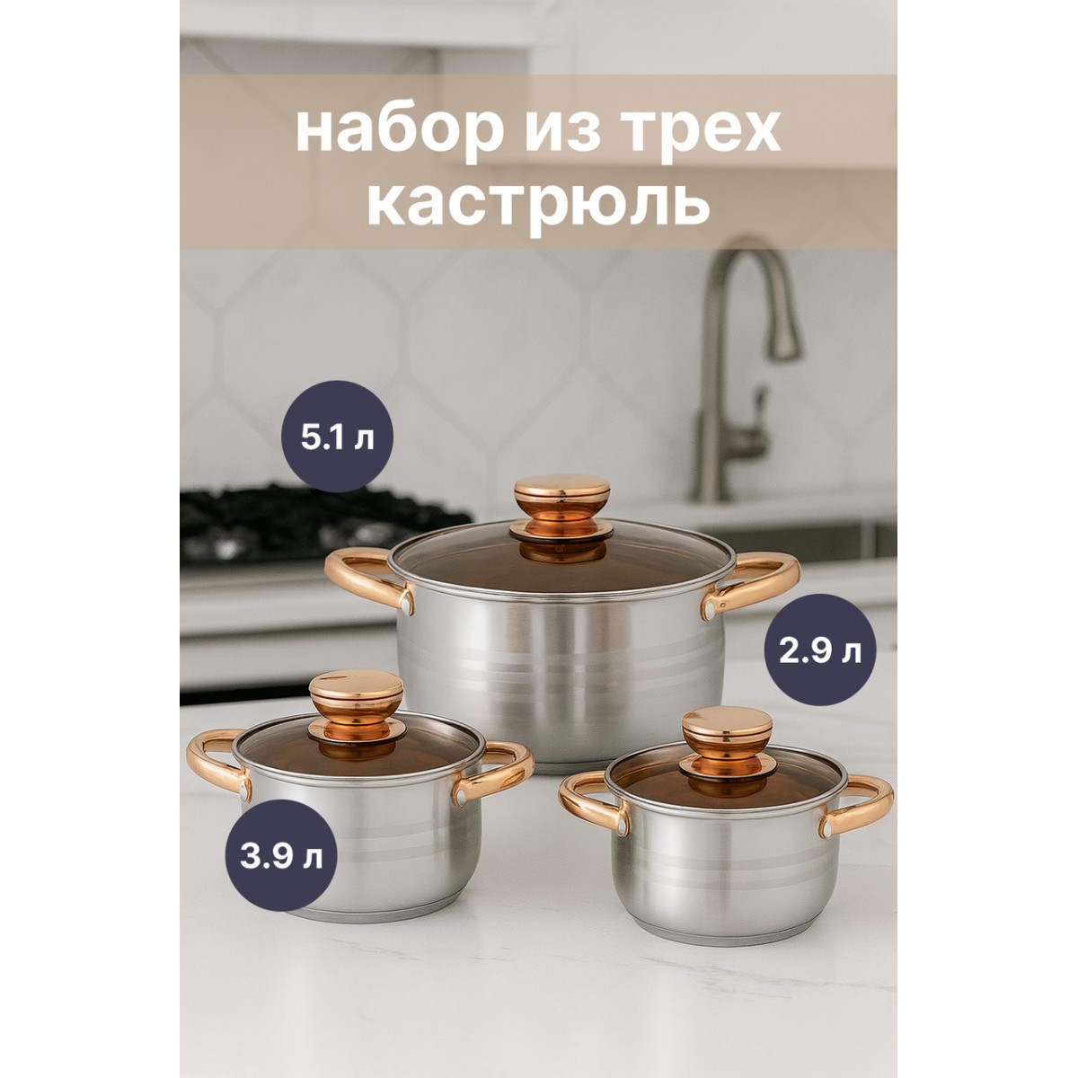 HausRoland PremiumSteel HR172-2 — набор кастрюль 2.9 / 3.9 / 5.1 л