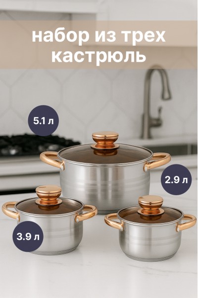 HausRoland PremiumSteel HR172-2 — набор кастрюль 2.9 / 3.9 / 5.1 л