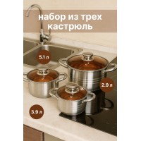 Набор кастрюль из нержавеющей стали HR172-5 с крышками, 2.9 л / 3.9 л / 5.1 л