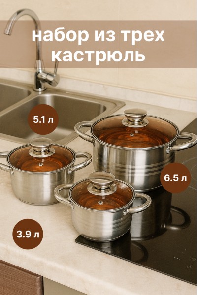 Набор кастрюль из нержавеющей стали HR172-6 с крышками, 2.9 л / 3.9 л / 5.1 л